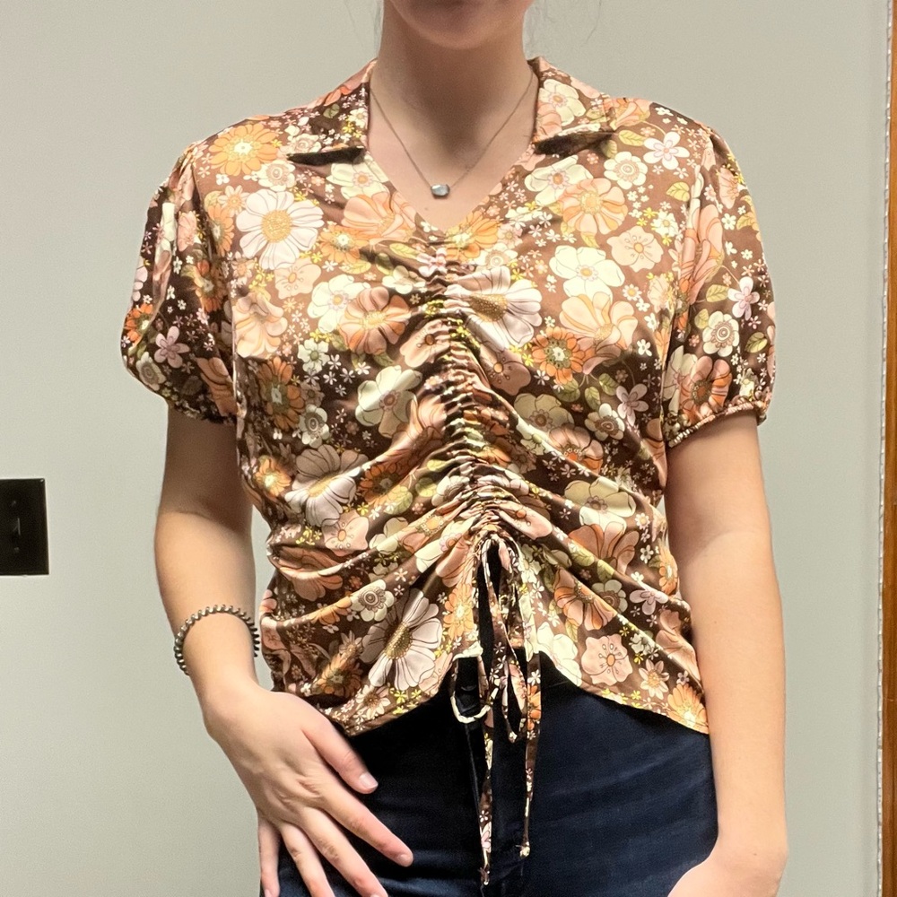 Cato Brown Floral Ruched Blouse